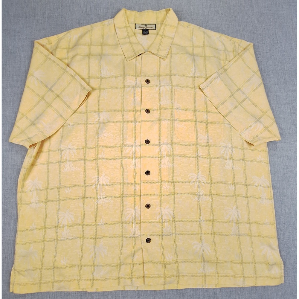 Tommy Bahama Mens XXL Yellow Silk Palm Tree Plaid Short Sleeve Camp Shirt